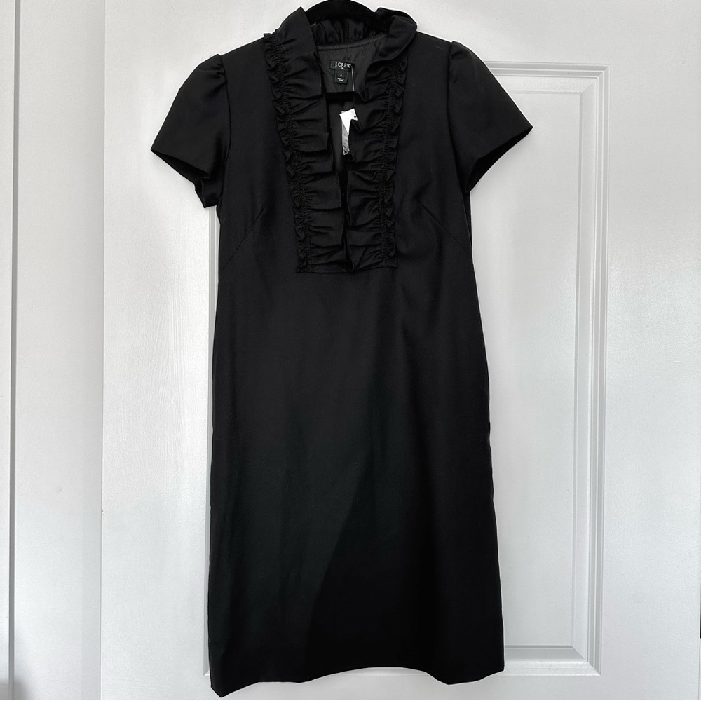 NWT! J. Crew (2) Black Wool Madeline Ruffle Collar Above The Knee Dress LBD